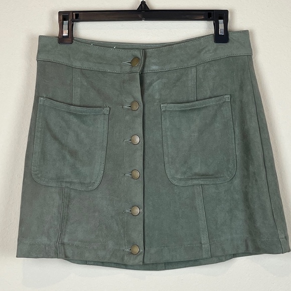 Altar’d State Faux Suede Olive Green Button Up Mini Skirt; Size S - Picture 1 of 5